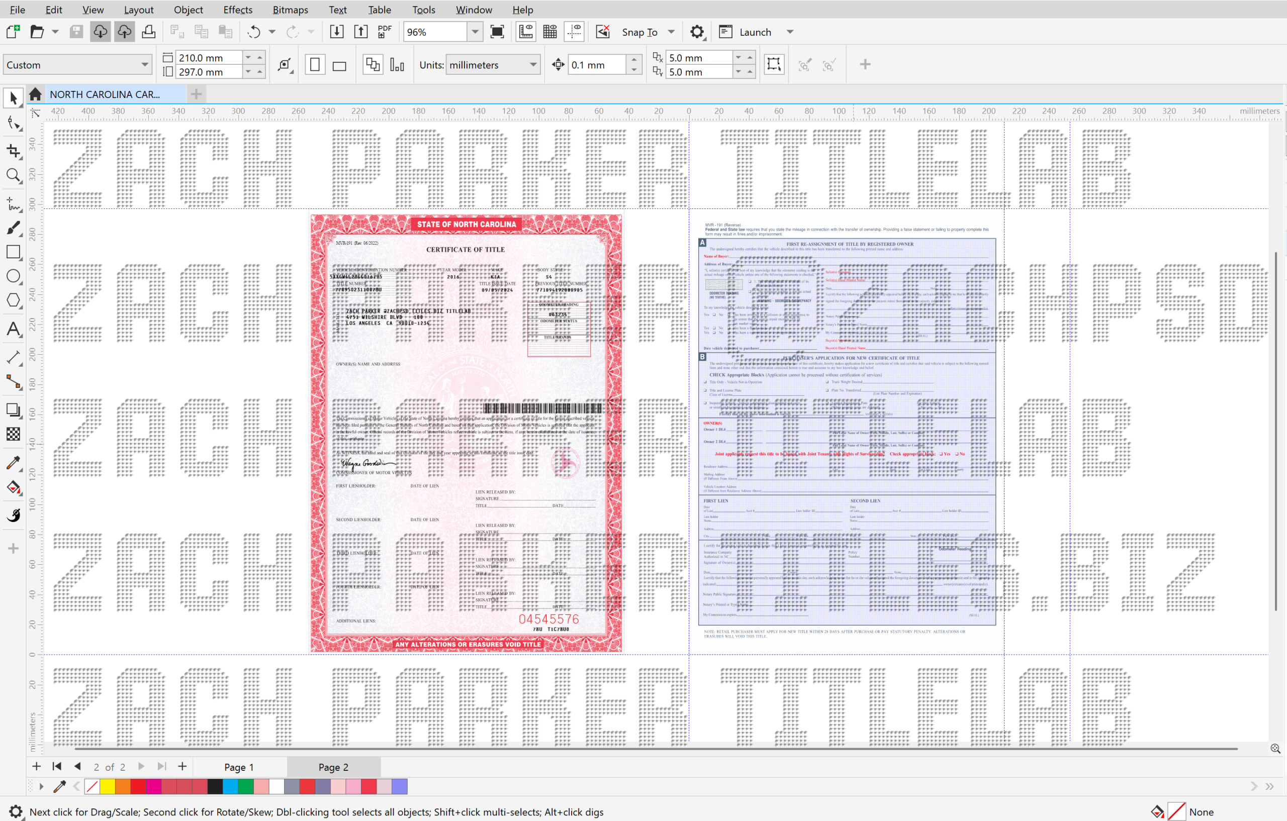 NC front and Back North Carolina Car Title Vector Template - Image 1
